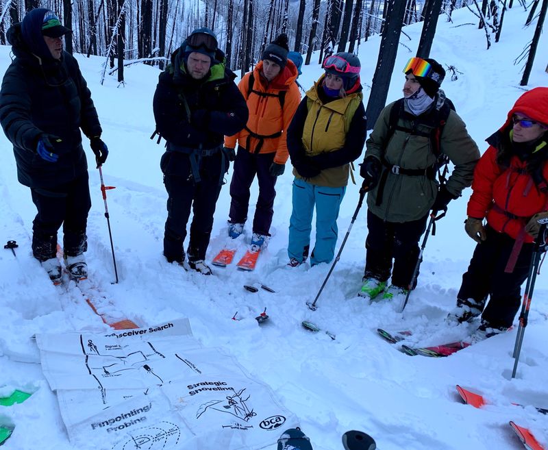 Students learning about avalanche beacon flux lines in a field session
